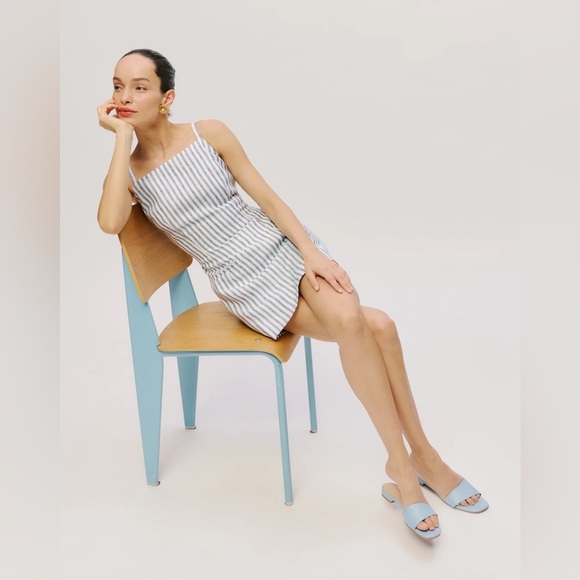 NEW Reformation Phillipa Linen Mini Dress in Antibes Stripe Blue White  | sz 4 - Picture 3 of 12